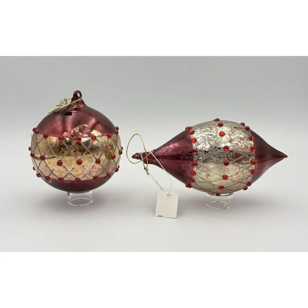 Dillards Trimmings Vintage Mercury Glass Christmas Ornaments Set 2 Burgundy Gold